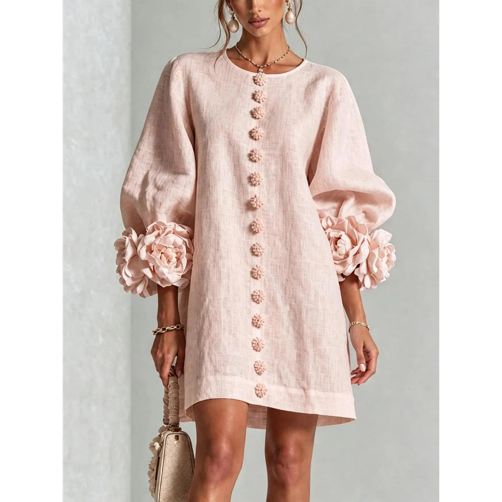Women’s Floral Cuff Linen Mini Dress – Loose Fit