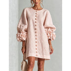 Women’s Floral Cuff Linen Mini Dress – Loose Fit