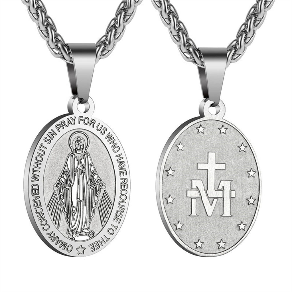 Unisex Stainless Steel Double-Sided Religious Saint Medal Pendant Necklace |   Vintage Virgin Mary & Saint Benedict Protection Amulet Jewelry