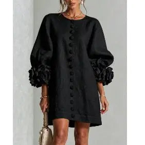 Women’s Floral Cuff Linen Mini Dress – Loose Fit