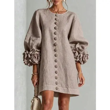 Women’s Floral Cuff Linen Mini Dress – Loose Fit