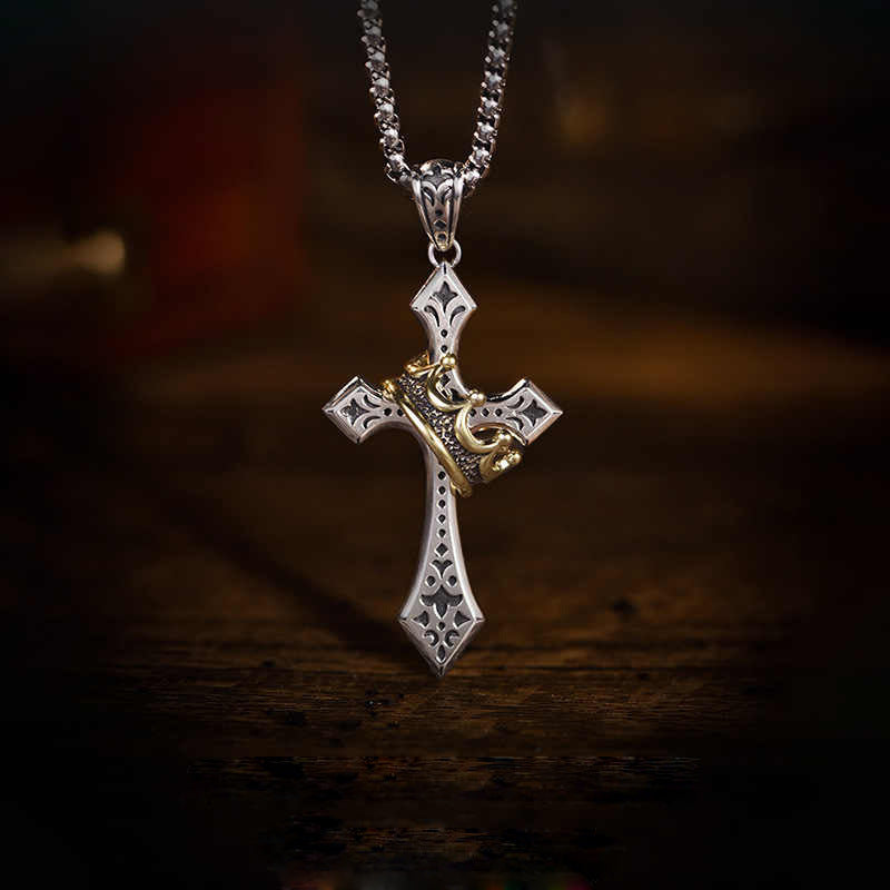 Vintage Gothic Crown Cross Pendant Necklace for Men | Electroplated Thai Silver Style Retro Hip-Hop Streetwear Jewelry