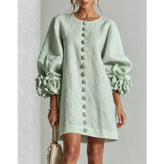 Women’s Floral Cuff Linen Mini Dress – Loose Fit