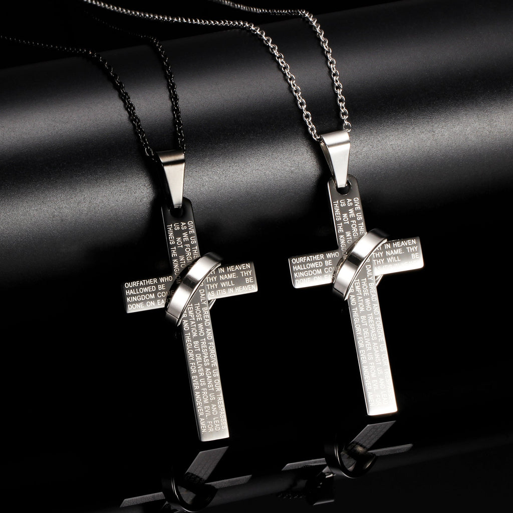 Men's 304 Stainless Steel Cross Pendant Necklace with Ring Accent | Engraved Lord's Prayer Christian Jewelry with Cable Chain