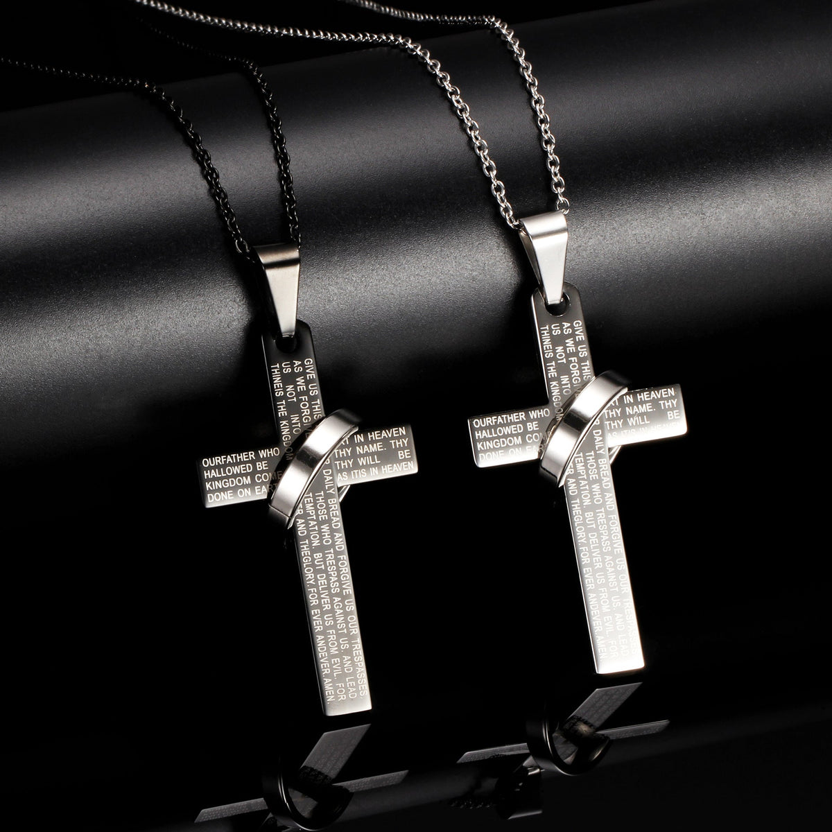 Men's 304 Stainless Steel Cross Pendant Necklace with Ring Accent | Engraved Lord's Prayer Christian Jewelry with Cable Chain