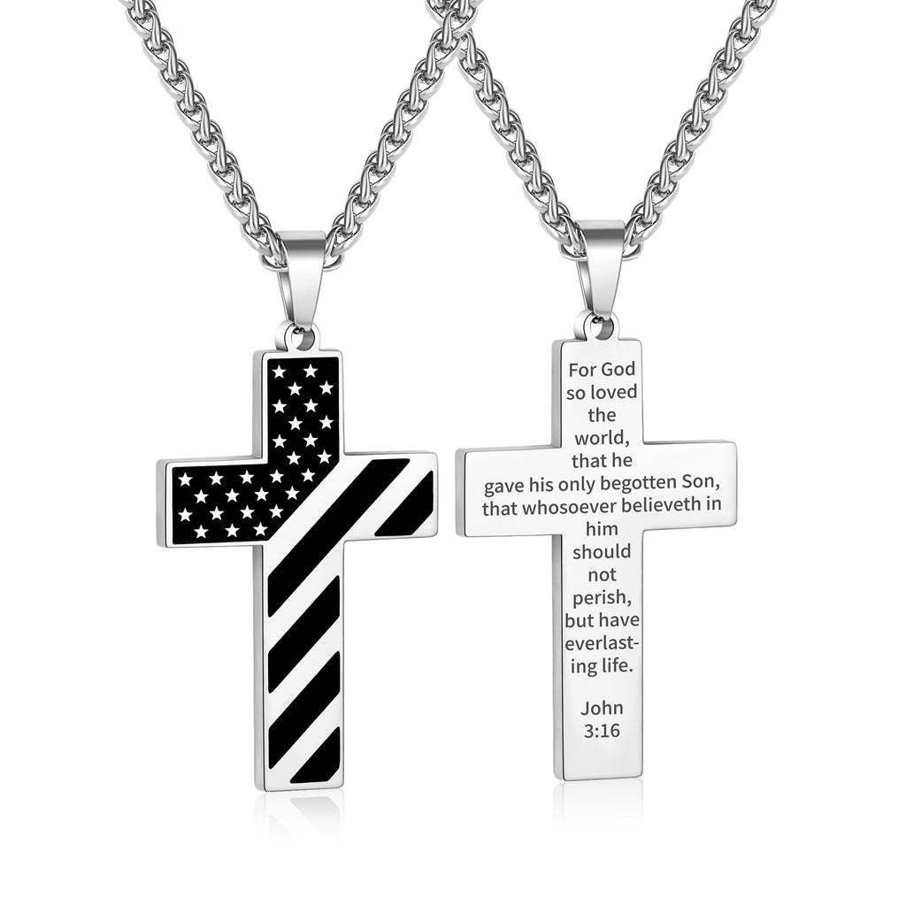 Men's American Flag Stainless Steel Cross Necklace | Engraved Bible Verse & Quote Pendant | Industrial Patriotic Christian Jewelry