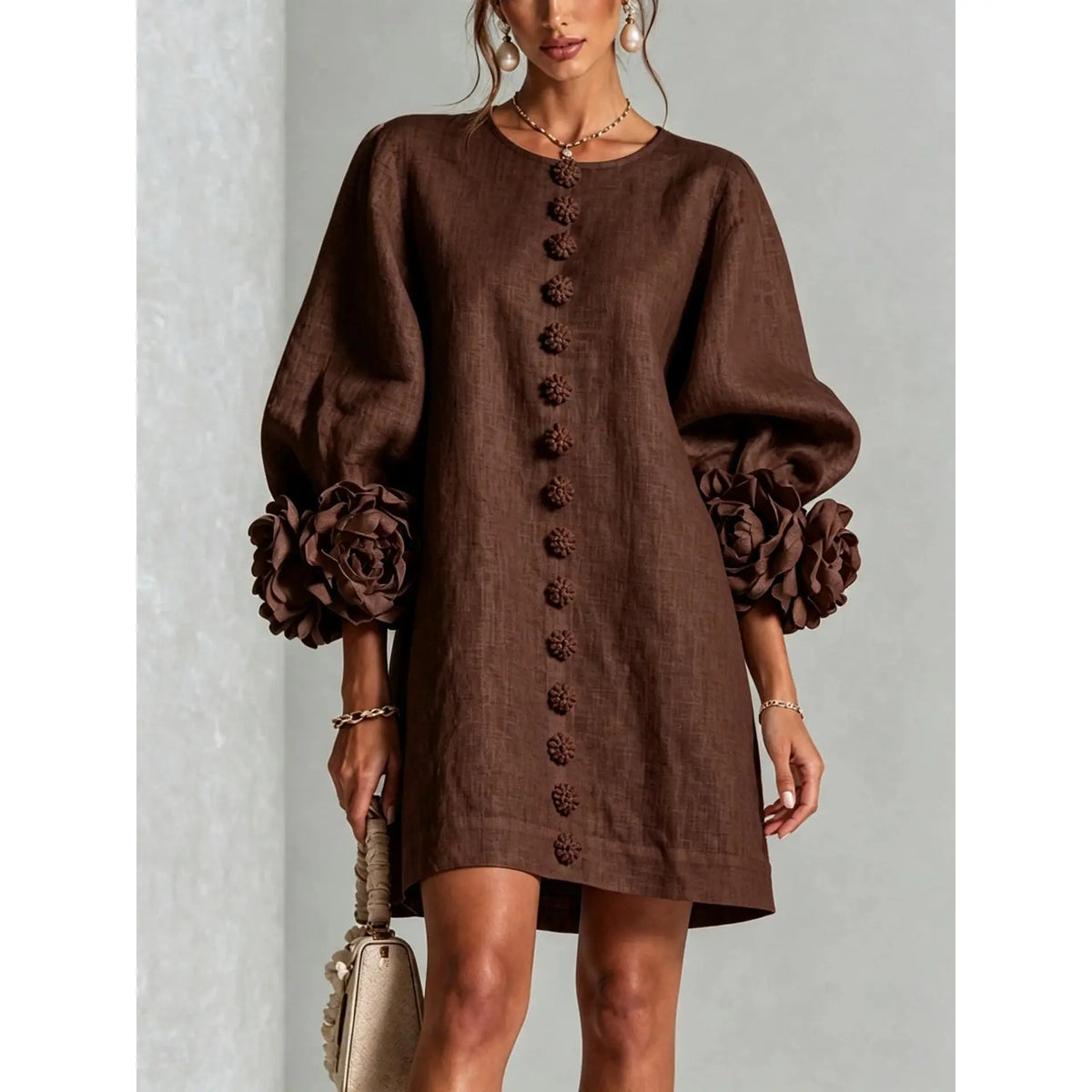 Women’s Floral Cuff Linen Mini Dress – Loose Fit