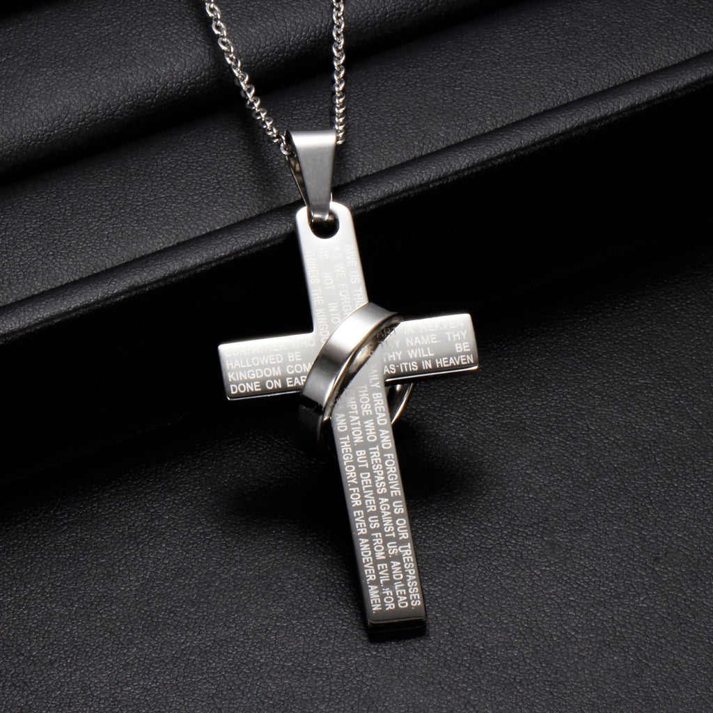 Men's 304 Stainless Steel Cross Pendant Necklace with Ring Accent | Engraved Lord's Prayer Christian Jewelry with Cable Chain