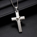 Men's 304 Stainless Steel Cross Pendant Necklace with Ring Accent | Engraved Lord's Prayer Christian Jewelry with Cable Chain