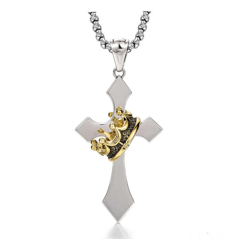 Vintage Gothic Crown Cross Pendant Necklace for Men | Electroplated Thai Silver Style Retro Hip-Hop Streetwear Jewelry