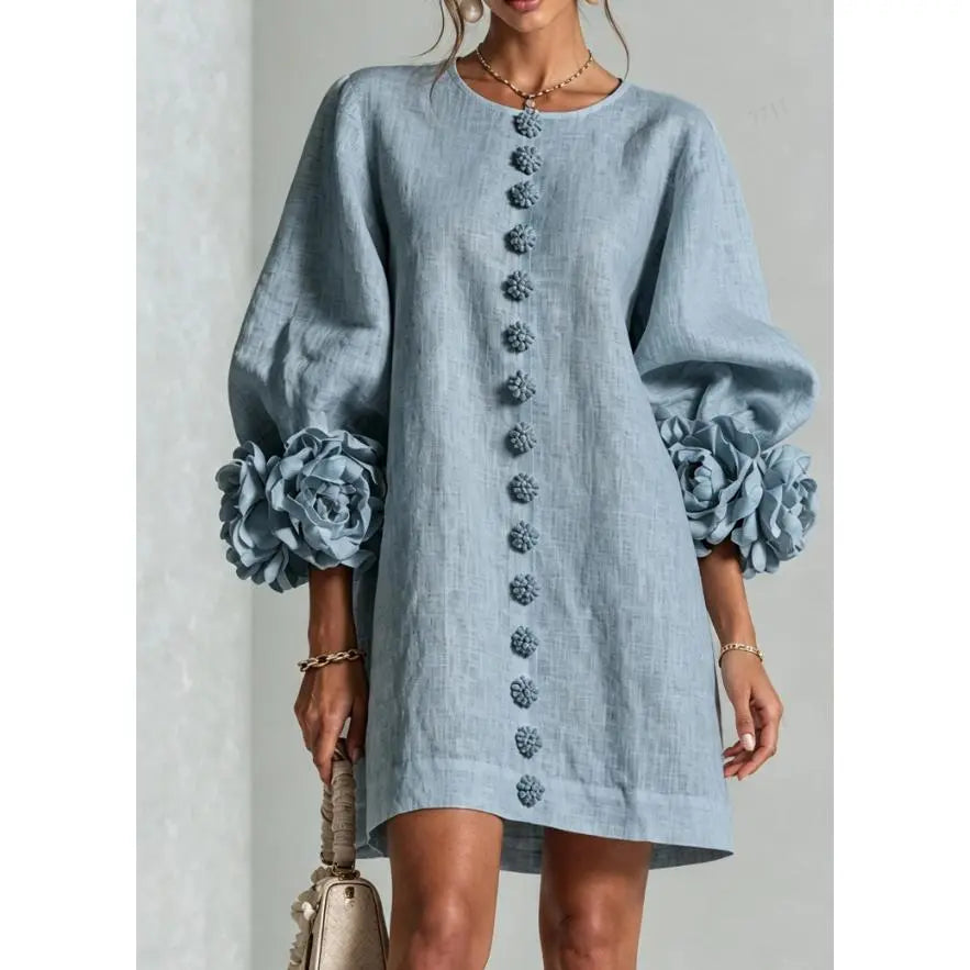 Women’s Floral Cuff Linen Mini Dress – Loose Fit