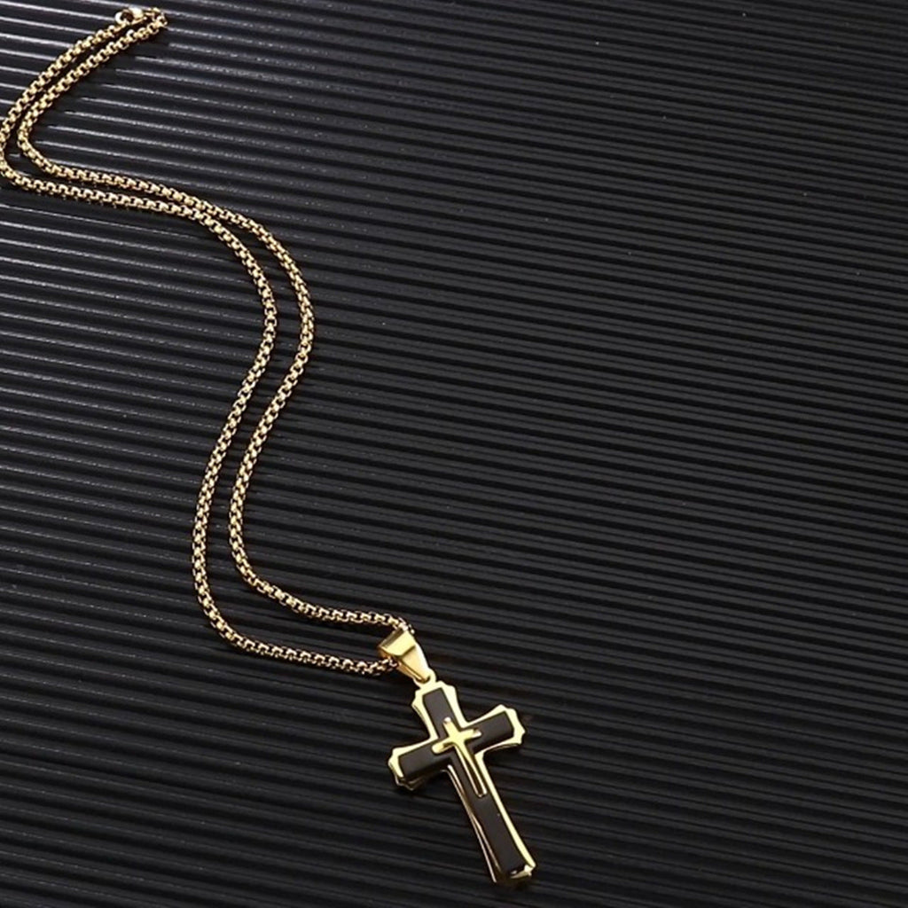 Men's Vintage 3-Layer Stainless Steel Cross Pendant Necklace | Classic Gothic Religious Jewelry for Men