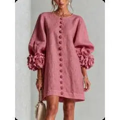 Women’s Floral Cuff Linen Mini Dress – Loose Fit