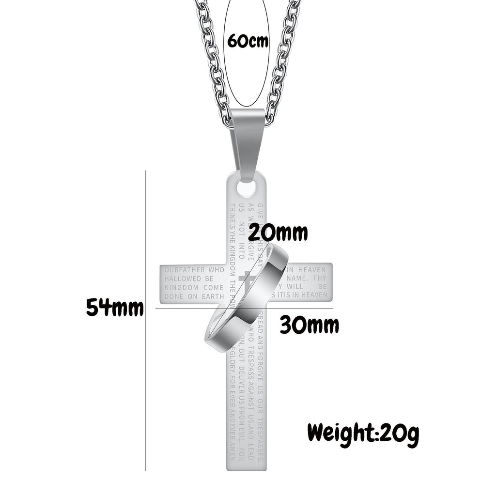 Men's 304 Stainless Steel Cross Pendant Necklace with Ring Accent | Engraved Lord's Prayer Christian Jewelry with Cable Chain