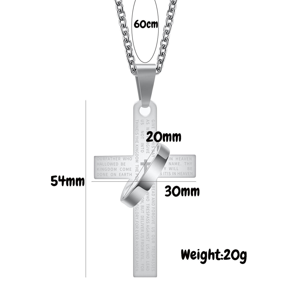 Men's 304 Stainless Steel Cross Pendant Necklace with Ring Accent | Engraved Lord's Prayer Christian Jewelry with Cable Chain