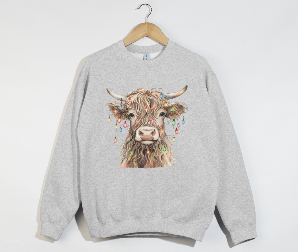 Highland Cow With Christmas Light Print - Sweatshirt