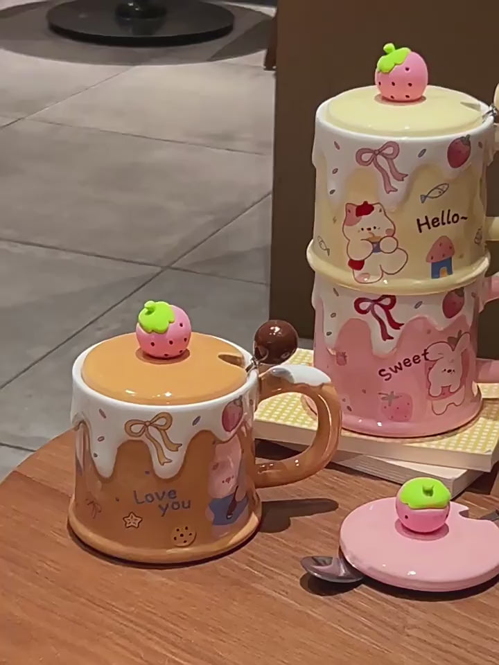Strawberry Dessert Ceramic Mug with Lid & Spoon – 400ml Cute Animal Cup